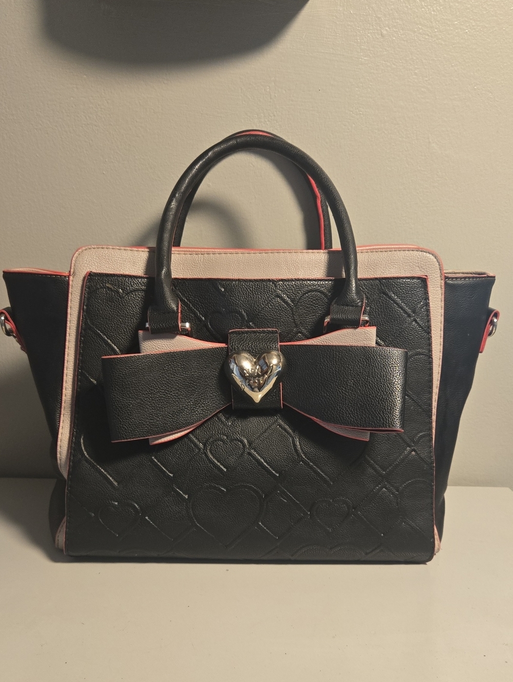 Luv Betsey Black Satchel with Pink Trim and Heart Bow Accent